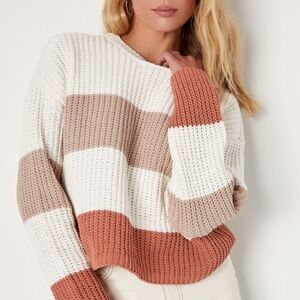 Lulus Moments Of Cozy Ivory Multi Striped Crew Neck Pullover Sweater White